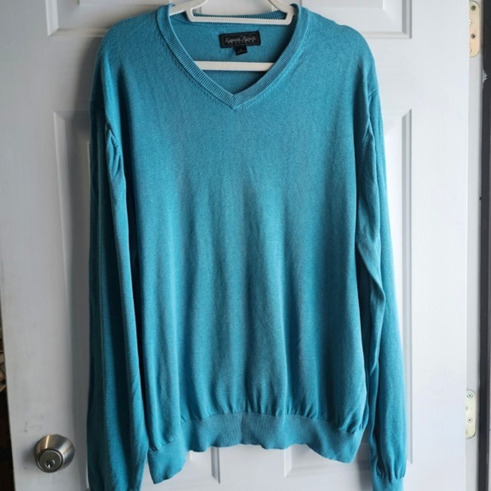 Kenneth Roberts Platinum Mens Teal V Neck Sweater Silk‎ Cotton Blend XL